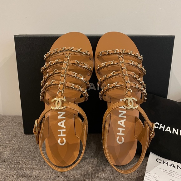 Chanel Light Brown Gladiator Sandals with Gold Chains - Picture 8 of 11